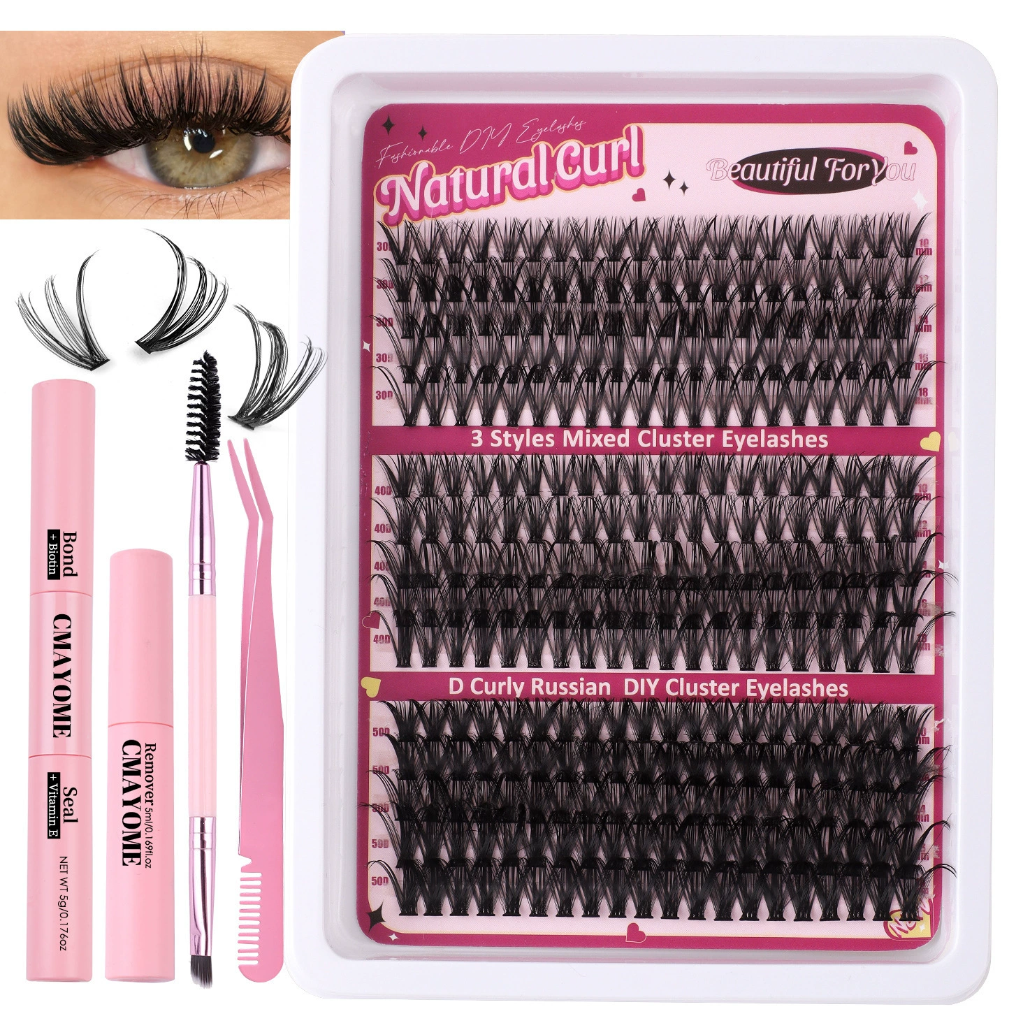 DIY Eyelash Set, Mixed Cluster Fluffy & Curly 30D–100D, Multi-size Kits with Optional Tools