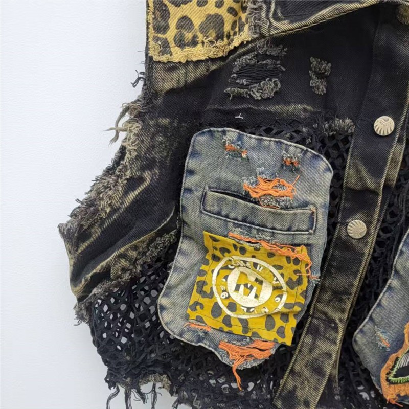 Diseño humedad personalidad cool color contrastante empalme para hacer viejos chalecos de vaqueros primavera y verano 2025 nuevo estilo de moda extranjera hombros image 4