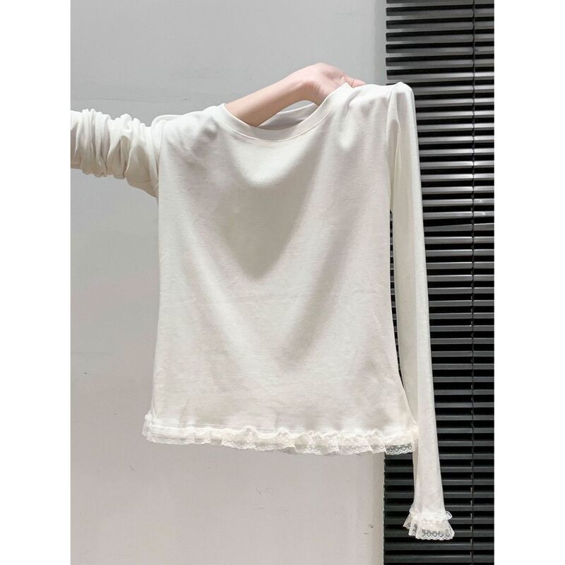 White Velvet Round Neck Lace Long-Sleeved T-Shirt for Women in Autumn and Winter, Special Beautiful Slim-Fitting Top
