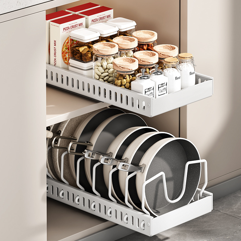 Pull-out Pot Storage Rack Multi-layer Adjustable Kitchen Pot Rack Storage Rack Cabinet Inner Countertop Dishes Pot Lid Rack