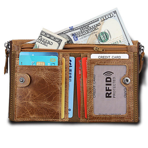 Mad Horse Cowhide Men's Wallet RFID Anti-theft Brush Cowhide Short Men's Ticket Case Money Clip Double Zipper Zero Wallet 