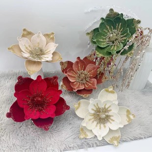 Christmas Decorations Artificial Flowers Christmas Flowers High-End Fabric Sticky Powder Sequins Artificial Magnolia Flowers Christmas Decorative Flowers