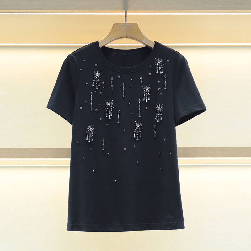 Mo Shu Wei Ya 2024 Autumn New Meteor Hand Nail Drill Loose Fashion Short Sleeve T-shirt Women 6901E Mo Shu Wei Ya 2024 Autumn New Meteor Hand Nail Drill Loose Fashion Short Sleeve T-shirt Women 6901E