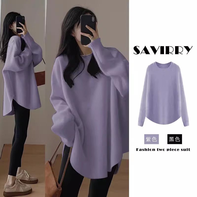 Autumn and Winter Korean style plus size chubby girl raccoon velvet pullover sweater outer wear mid-length Japanese style lazy split sweater