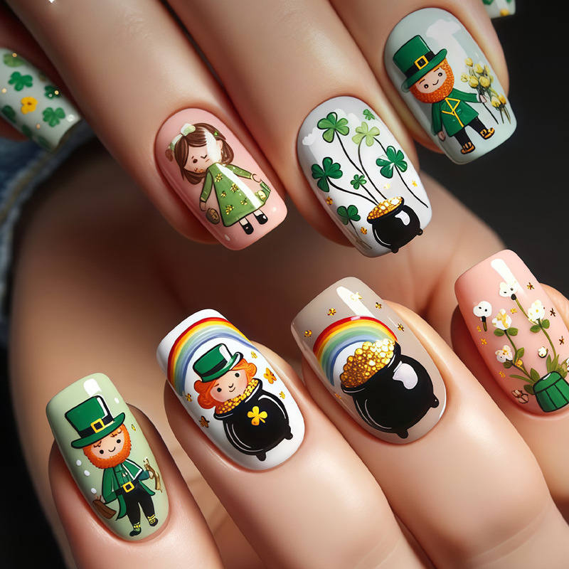 Spring Cartoon Clover Character Rainbow Painting Design Color-Blocking Medium-Sized Press-On Nails Fake Nail Tips Spring Cartoon Clover Character Rainbow Painting Design Color-Blocking Medium-Sized Press-On Nails Fake Nail Tips