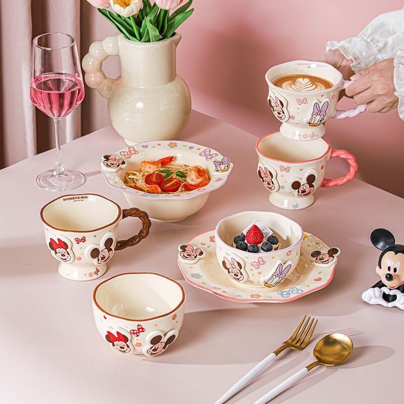 Disney Mickey Embossed Ceramic Tableware Cute Pink and Purple Rice Bowl Noodle Bowl Soup Bowl Cake Plate Cup for Girls Disney Mickey Embossed Ceramic Tableware Cute Pink and Purple Rice Bowl Noodle Bowl Soup Bowl Cake Plate Cup for Girls