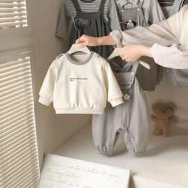 秋季新款儿童长袖背带裤套装婴幼童休闲两件套哈衣新生宝宝连身衣
