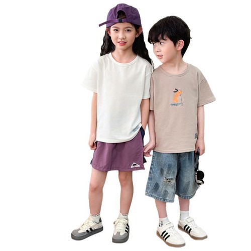 Children's Short Sleeve T-shirt 2025 New Summer Pure Cotton Half Sleeve Boys' Large Children's Base Shirt Girls' White T