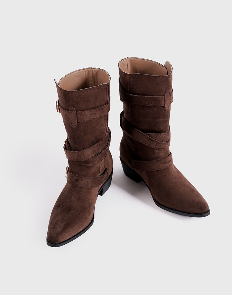 Spetsiga Knight-stövlar för kvinnor Hösten 2024 nya brittiska stövlar med spänne i västerländsk stil, mellanhöga Martens-stövlar för kvinnor_voghion.com