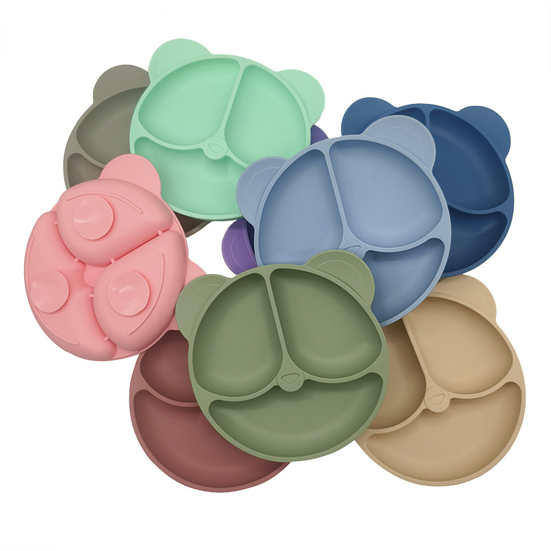 Silicona bebé cena placa redonda cara sonriente vajilla de silicona de los niños plato de cena de silicona suplemento de alimentos para bebés plato de cena del compartimiento