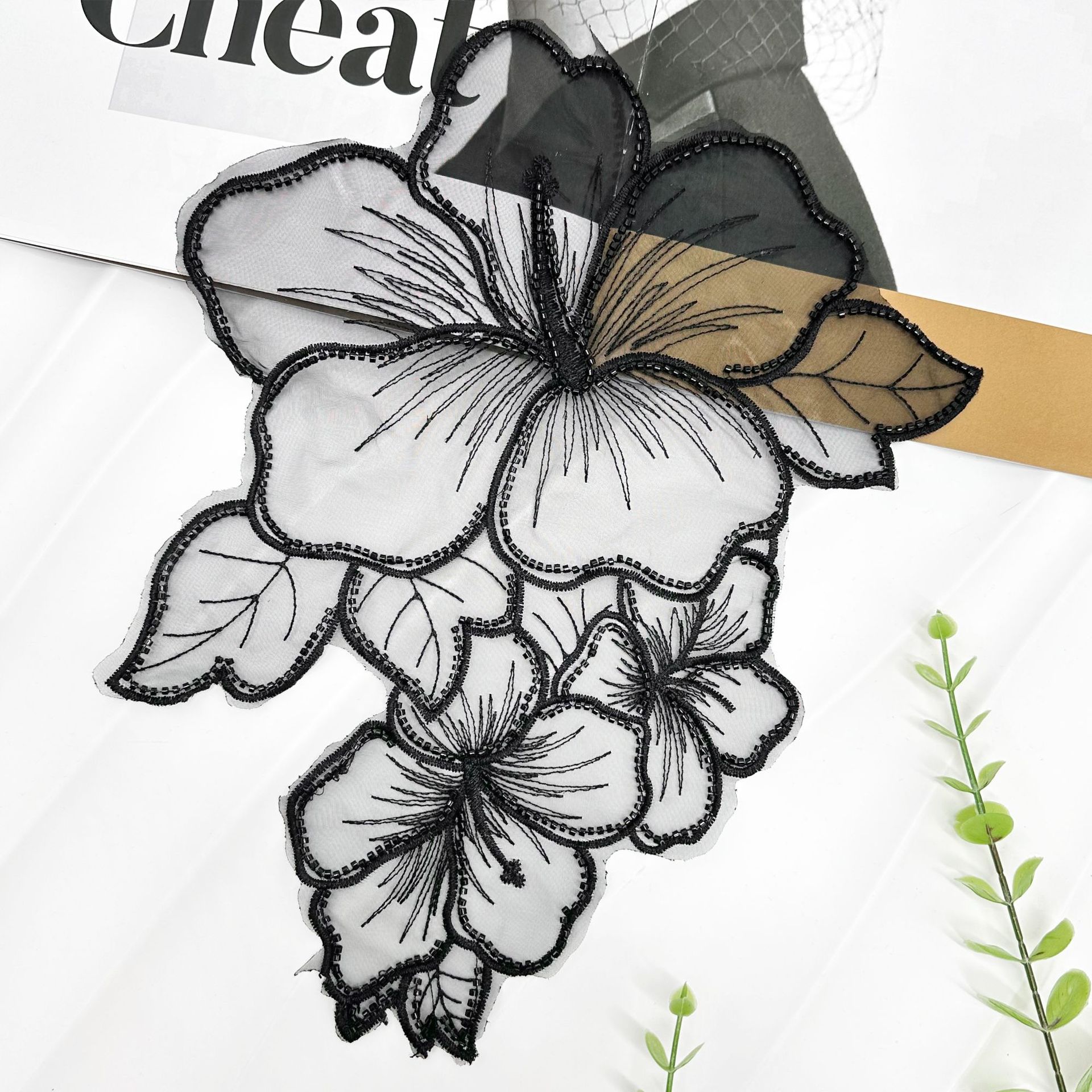 Ogan gaza pegatinas de loto negro encaje hecho a mano flores bordadas pegatinas de tela vestido vestido decoración de ropa infantil