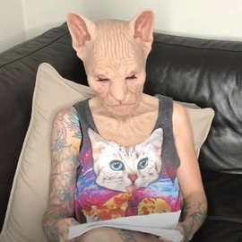 无毛猫动物面具头套万圣节恐怖猫妖人脸外星人道具化妆舞会角色