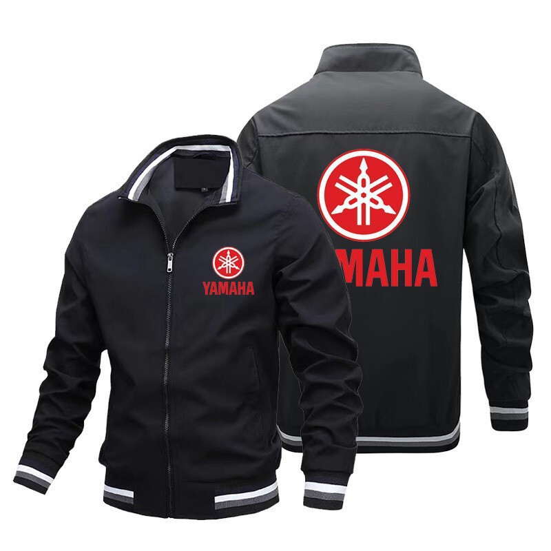 Men's American-Style Jacket with Yamaha Logo Print, Large Size Sports Zip-Up Bomber Jacket for Men