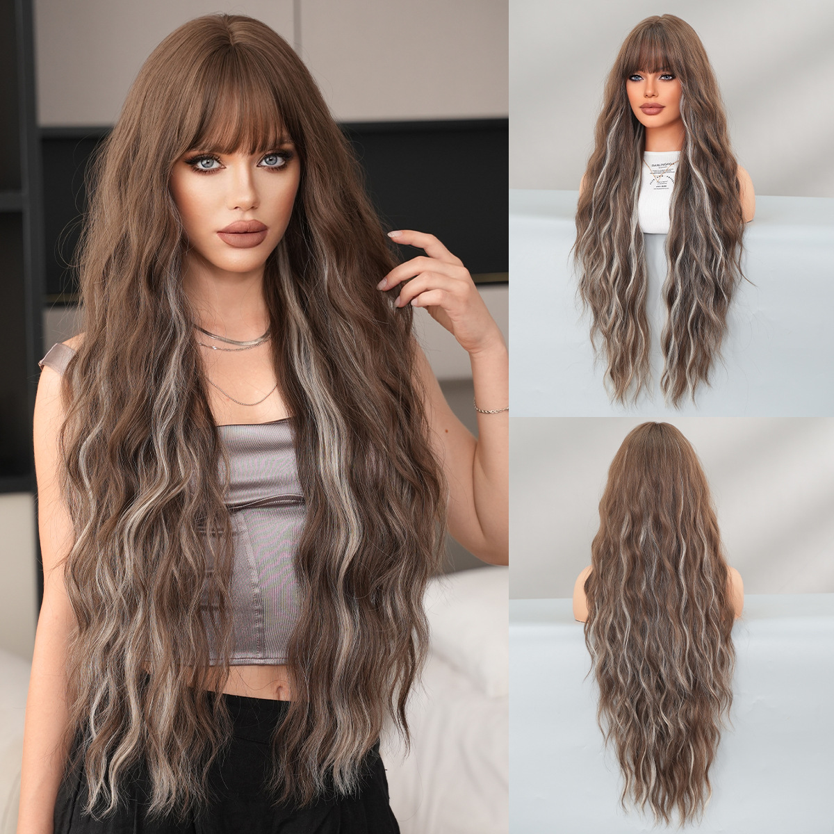 36 pulgadas de alta calidad pelucca ultra larga ondulación cabello rizado cabello marrón picante teñido gris resistente al calor fibra sintética pelucca