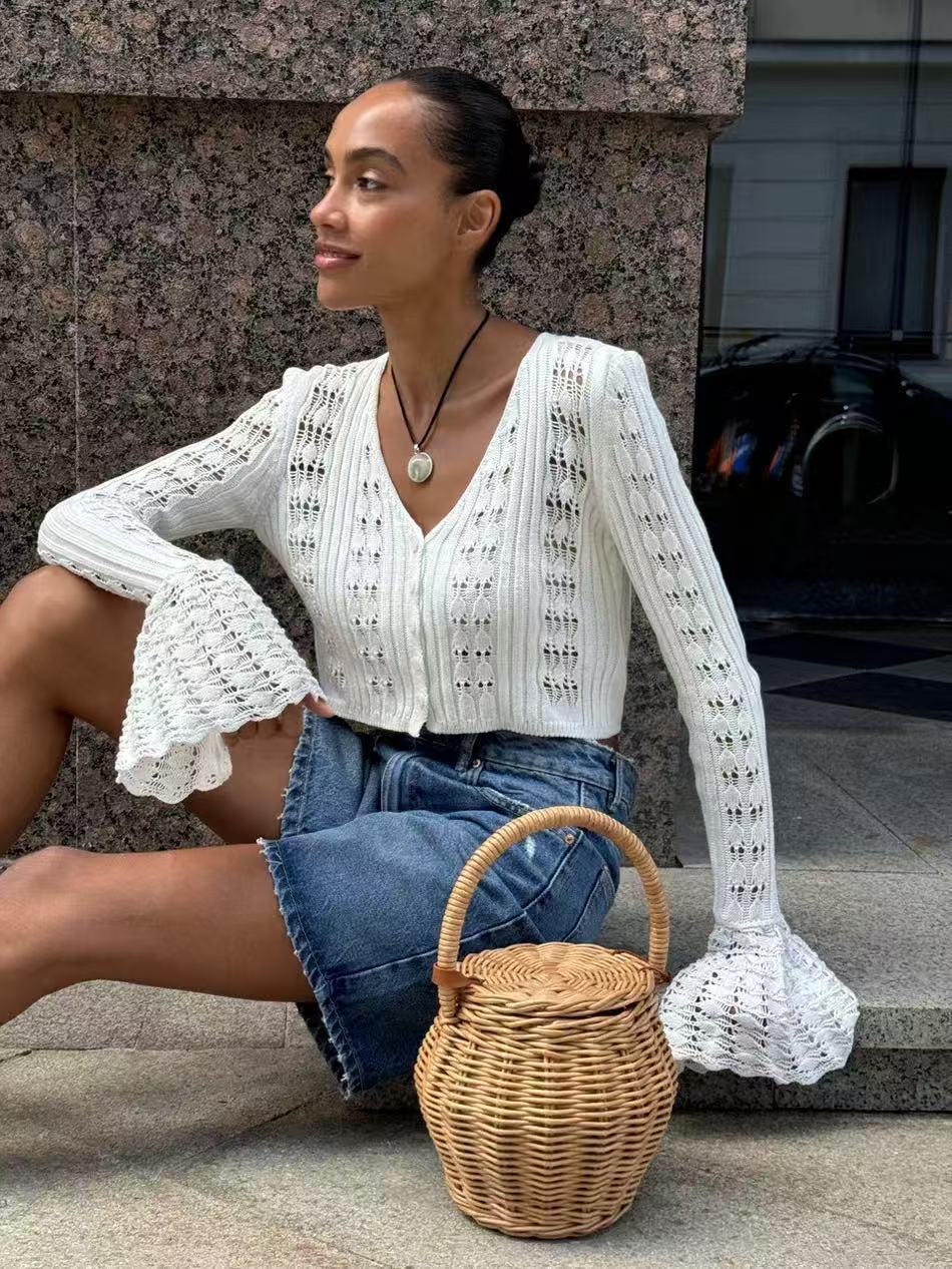 Women's Hollow-out Cardigan Long-sleeve V-neck Solid Colour Top_voghion.com