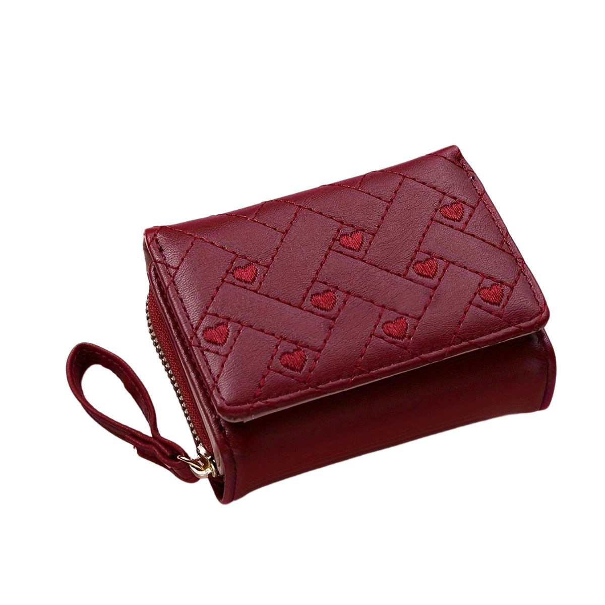 Women's Trifold Wallet, Embroidered Love Pattern, Compact Wristlet, Multi-Card 13.3×9.2×5.8 cm