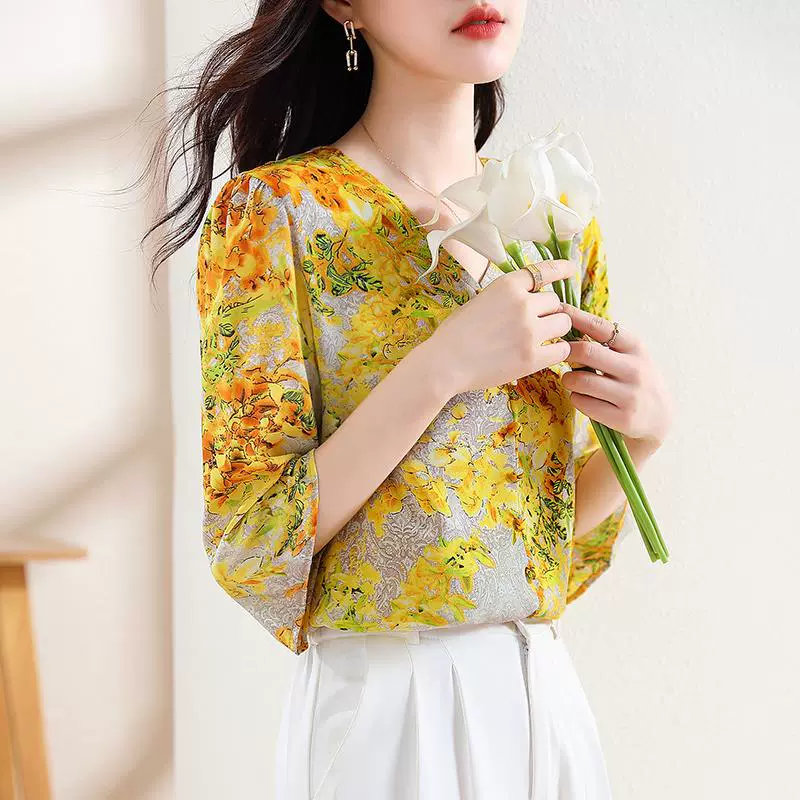 Yellow summer silk shirt, V-neckline