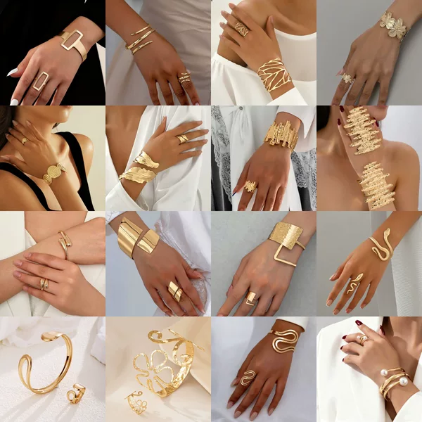 European and American Cross-Border Metal Design Geometric Women's Open Bracelet and Ring Set, Exaggerated Punk Retro Style Jewelry