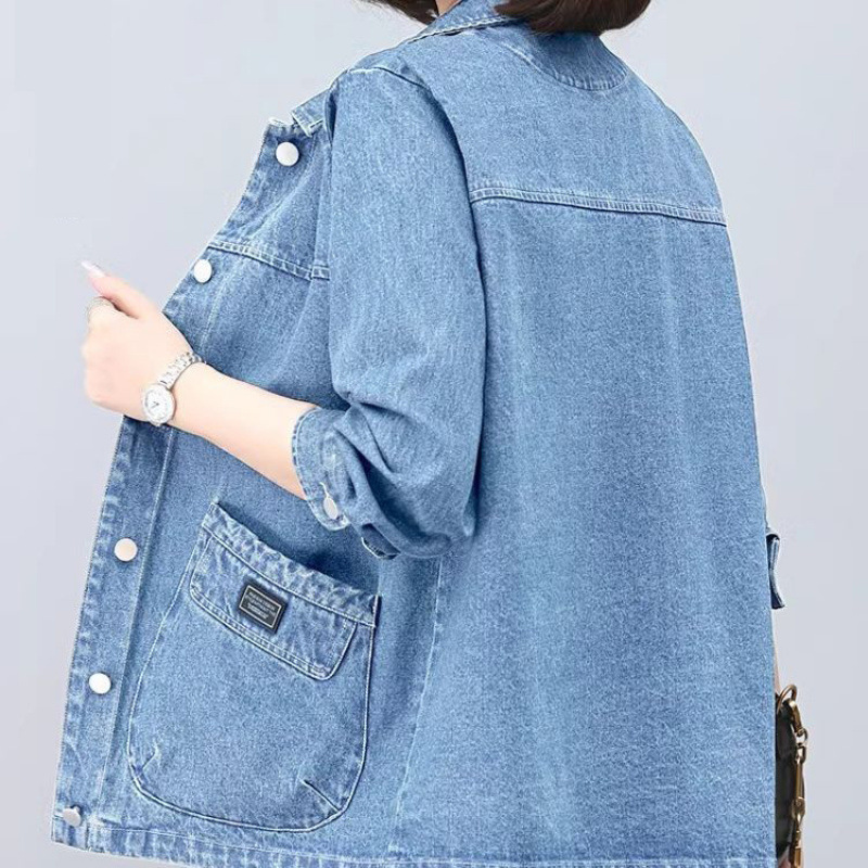 牛仔外套女春秋休闲大码中年妈妈短款春秋牛仔棉衣外套深蓝色常规|undefined