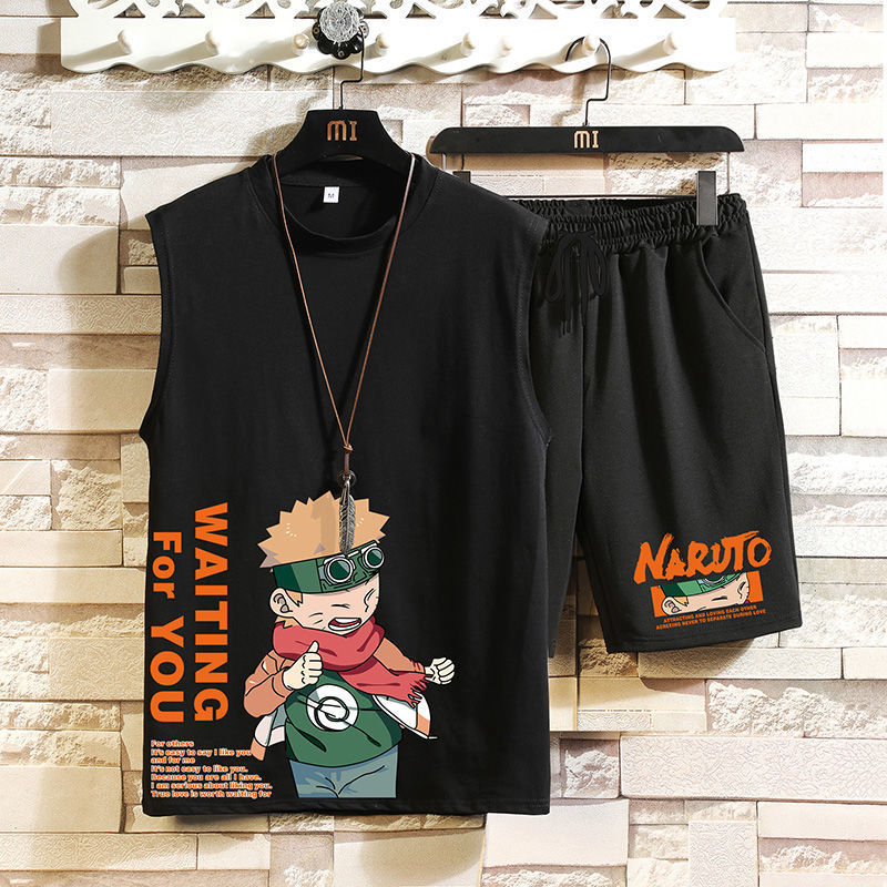 Deportes y ocio hombres traje de verano nueva juventud suelta más cuello redondo chaleco shorts set guapo partido