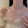 Retro necklace from pearl, French retro style, diamond encrusted, flowered, light luxury style, internet celebrity