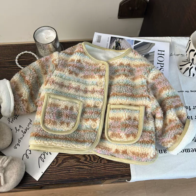 韩版童装2025新款秋冬女童条纹毛毛衣外套儿童保暖加厚羊羔毛外套