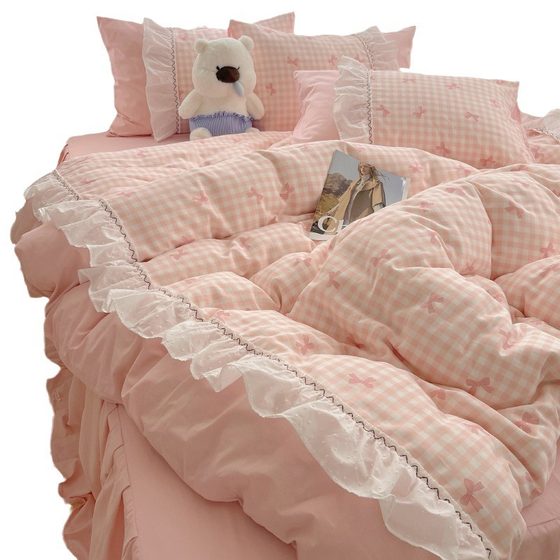 Princess wind fairy cotton sweet lace four-piece cotton bedding sheets bed skirt bed hat bed bag set