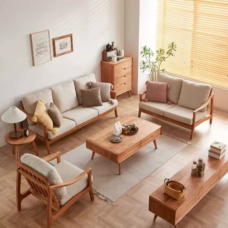布艺沙发樱桃木实木沙发简约棉麻小户型单人双人组合实木原木沙发