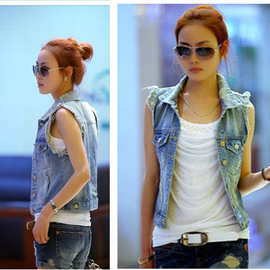 2024夏季洗水磨破女人味韩版新款个性开衫女装牛仔马甲外套潮