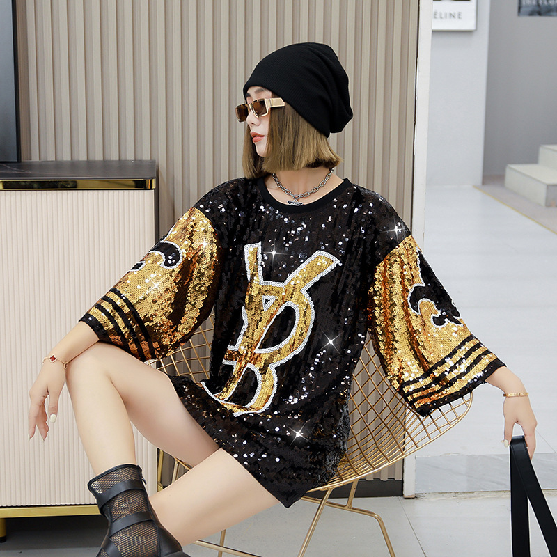In-Stock Supply 2026 Thailand T-Shirt Summer New Short-Sleeve Trendy Brand Loose Bf Mid-Length Sequin Top for Women In-Stock Supply 2026 Thailand T-Shirt Summer New Short-Sleeve Trendy Brand Loose Bf Mid-Length Sequin Top for Women