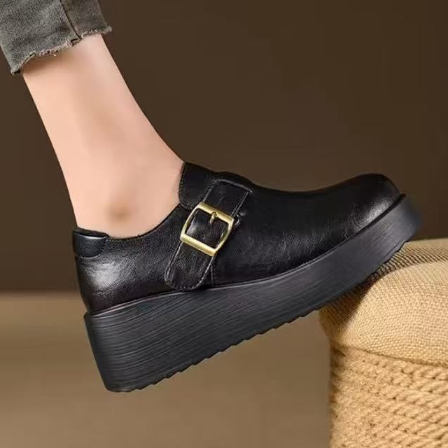 2026 Spring New Korean Style Loafers With Round Toe And Buckle Strap, Genuine Soft Leather Thick-Soled Height-Increasing_vogvips.com