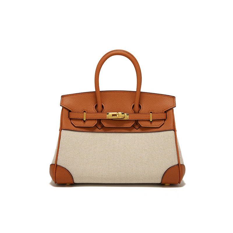 New Litchi Grain Cowhide Canvas Platinum Bag Women's Casual Stitching Contrast Bag Large Capacity Portable Shoulder Crossbody Bag