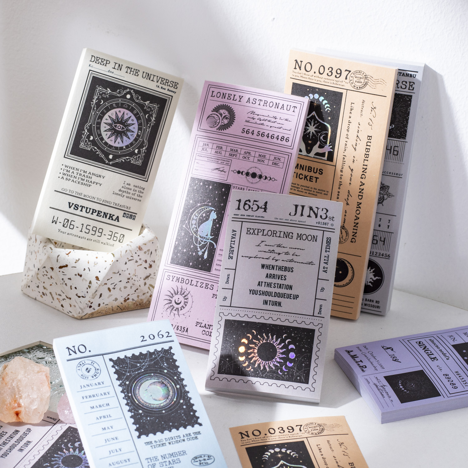 "Beautiful Day Notebook - Moonwalking Series - Lunar Phase Theme Retro Handwriting Base Sticker Set, 50 Pieces in 8 Designs"