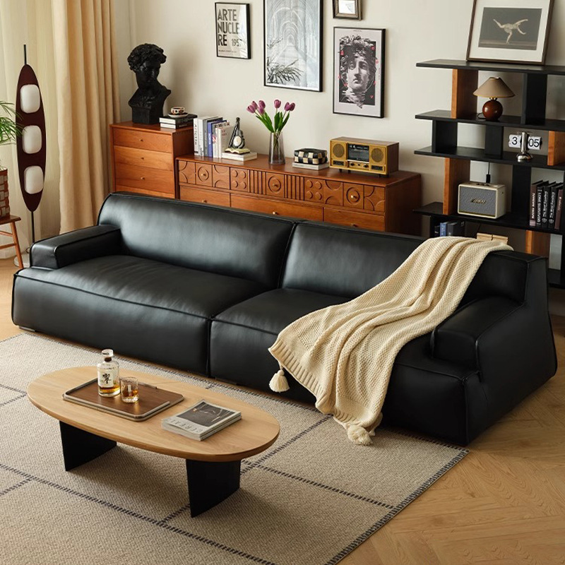 Sofá de cuero Damasco sala de estar retro sofá de tres filas Baxter negro cabeza sofá de cuero