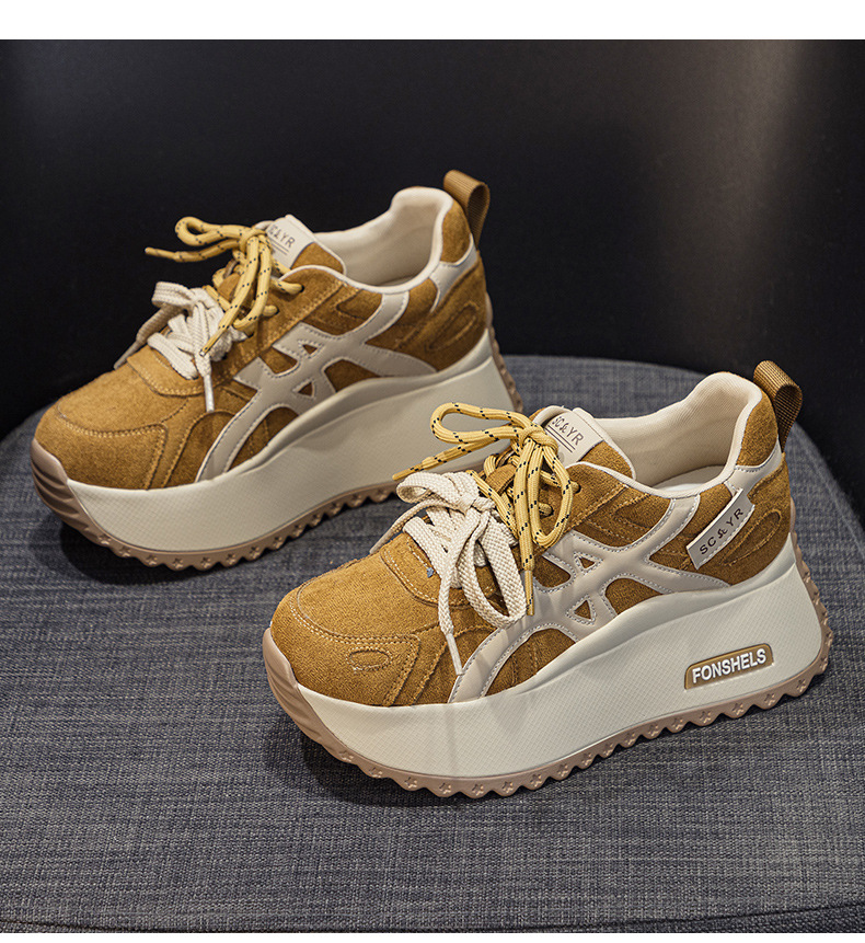 Giày sneaker nữ đế dày tăng chiều cao 7 cm phong cách đa năng mùa thu đông — M2999 li đơn màu vàng, M2999-1 màu vàng nhung, M2999-1 màu nâu cộng nhung, M2999 lớp lót đơn màu nâu chi tiết 16