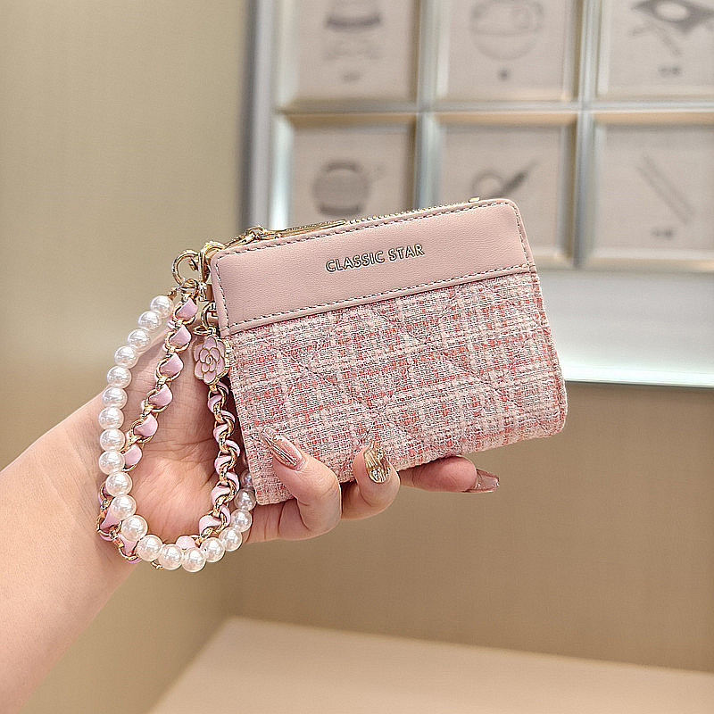Da Ni Korean Style New Shiny Tweed Chanel-Inspired Pearl Pendant 80% off Zipper Clasp Women's Short Wallet