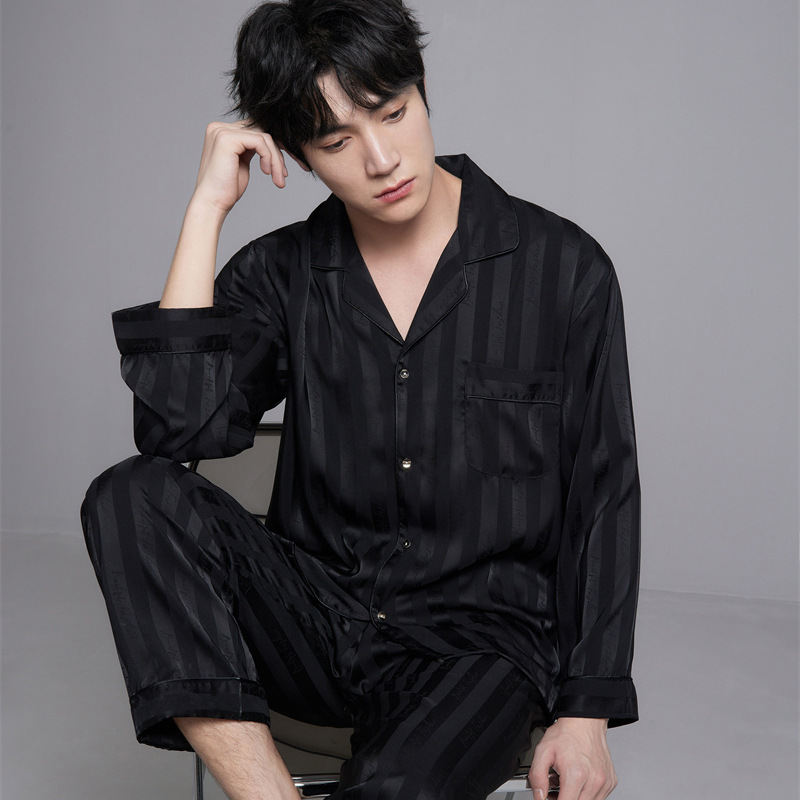 Men's pajamas spring and summer ice silk long-sleeved cardigan striped suit can be worn outside autumn and winter high-grade light luxury home wear