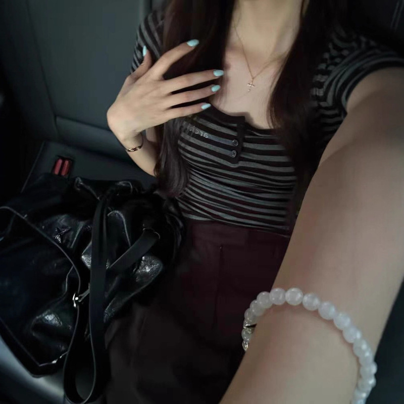 韩系条纹U领正肩短袖t恤女夏季2025新款修身显瘦收腰短款辣妹上衣|undefined