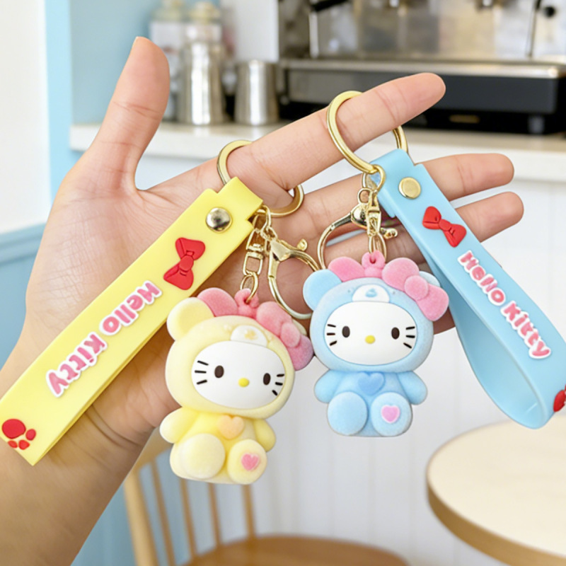 Flocked Hello Kitty Keychain Cartoon Hello Kitty Cute Bag Pendant Gift for Best Friends