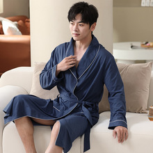 长袖睡袍男夏宽松大码粘纤棉家居服浴袍睡袍中长款外穿开衫睡衣RC