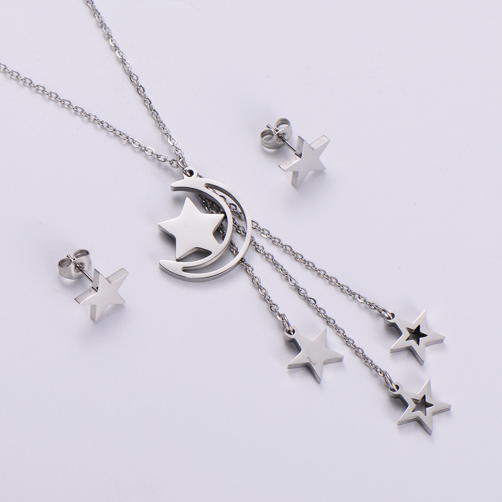 Fashion Elegant Hollow out Moon Star Tassel Pendant Necklace Ear Stud