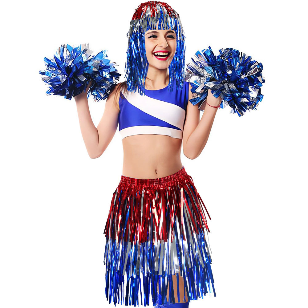 Nueva ropa de fiesta del Día de la Independencia rojo, plata, azul, sombrero de seda lluvia, peluca, desfile del Día Nacional de los Estados Unidos, vestido de seda lluvia de colores