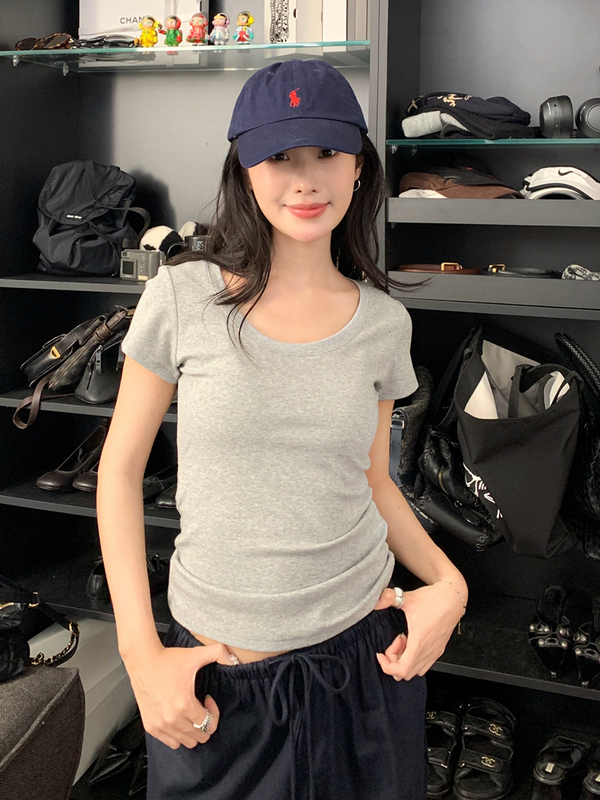 正肩短袖t恤女修身显瘦弹力收腰U领内搭亲肤垂感夏季辣妹上衣|undefined