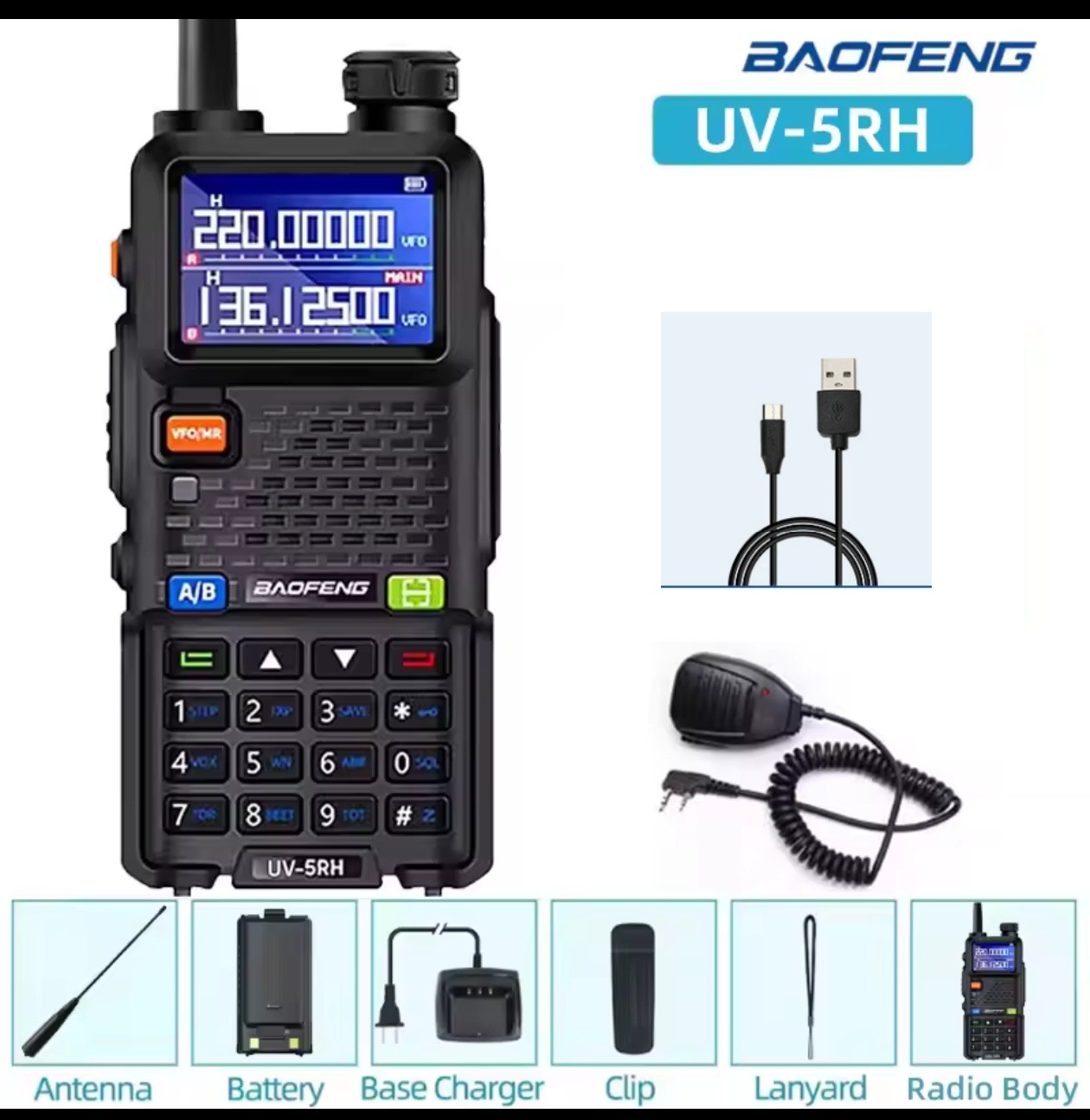 Walkie-talkie Baofeng UV-5RH con sincronización de frecuencia con un solo toque, radio portátil de banda completa AM para viajes en auto y uso al aire libre, carga TIPO-C.