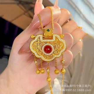 沙金宫廷风珐琅彩龙凤流苏平安锁吊坠项链女时尚百搭吉祥锁毛衣链