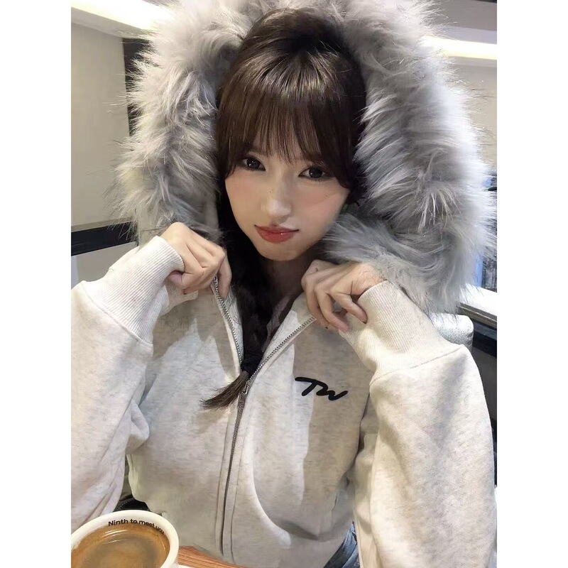 American High Street Floral Gray Elegant Fur Collar Hooded Long-Sleeved Sweatshirt for Women Spring & Fall Loose Harajuku Style Cardigan Top Trendy