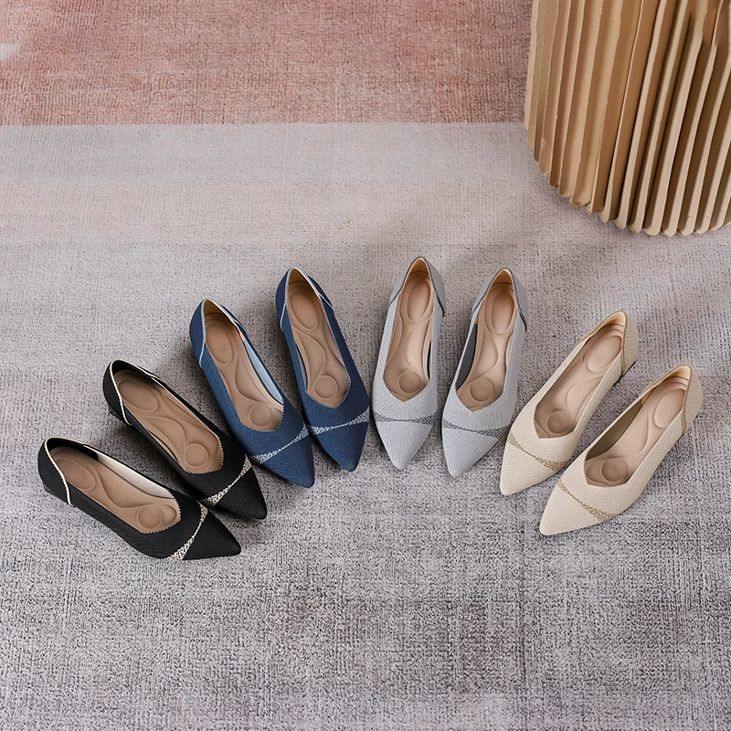 2023 Новая женская обувь на толстом каблуке, подходящая по цвету, остроконечная вязаная обувь, удобная с мелким ртом, удобная повседневная универсальная Однослойная обувь, женская обувь Flying Weaving