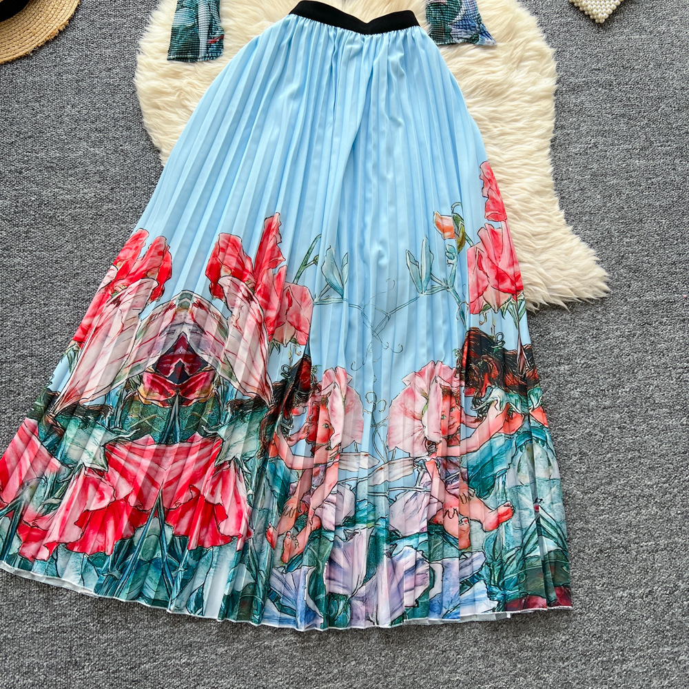 Women's Clothing celebrities elegant pleated print mid neck long sleeved tops for women high waist slim pleated skirt autumn set D_voghion.com