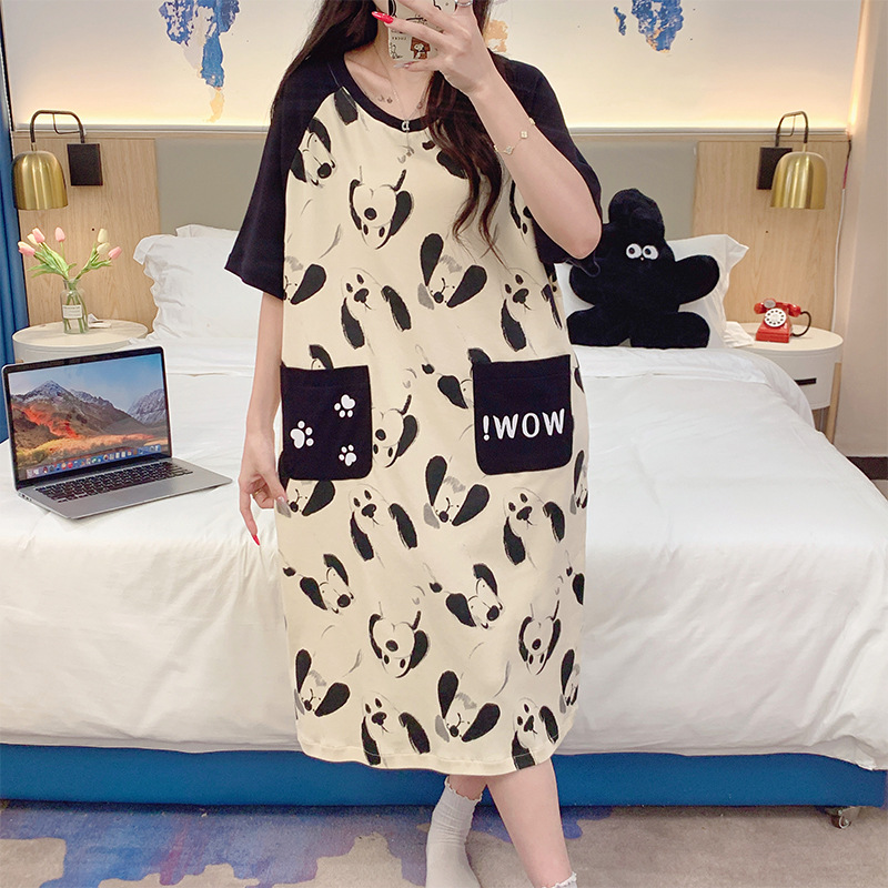 2024 verano ocio de dibujos animados pijama de mangas cortas de mujer bolsillo suelto ropa de casa 6535 fábrica de pijamas de algodón venta directa