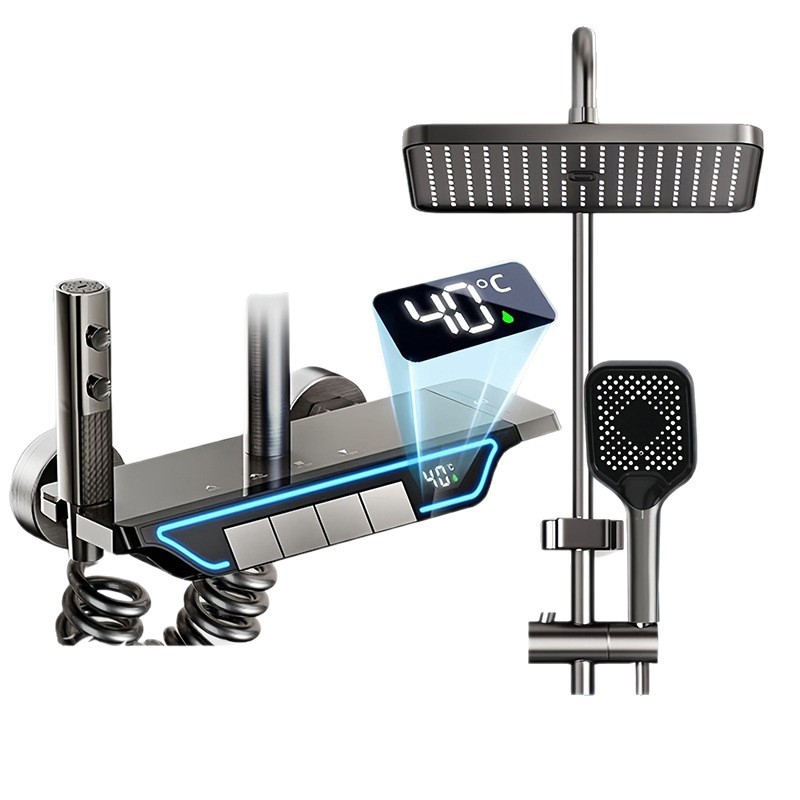 Gun gris ducha ducha juego de ducha botón de piano todo cobre hogar sobrealimentado ducha de ducha de baño baño de lluvia